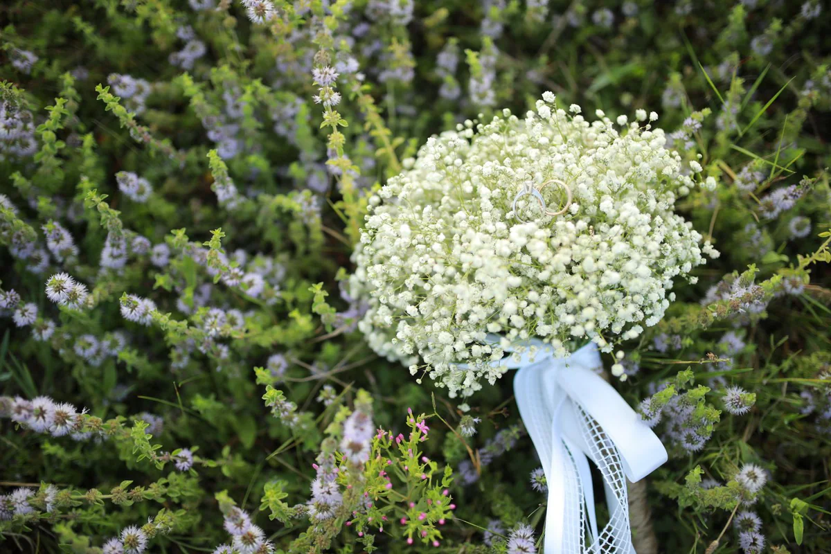 Argollas sobre un ramo blanco rodeado de flores silvestres